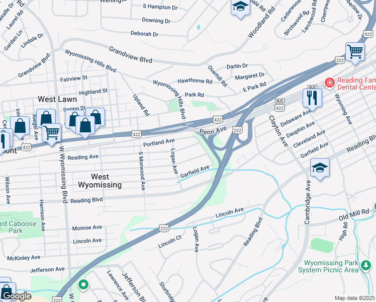 map of restaurants, bars, coffee shops, grocery stores, and more near 1940 Reading Avenue in Reading