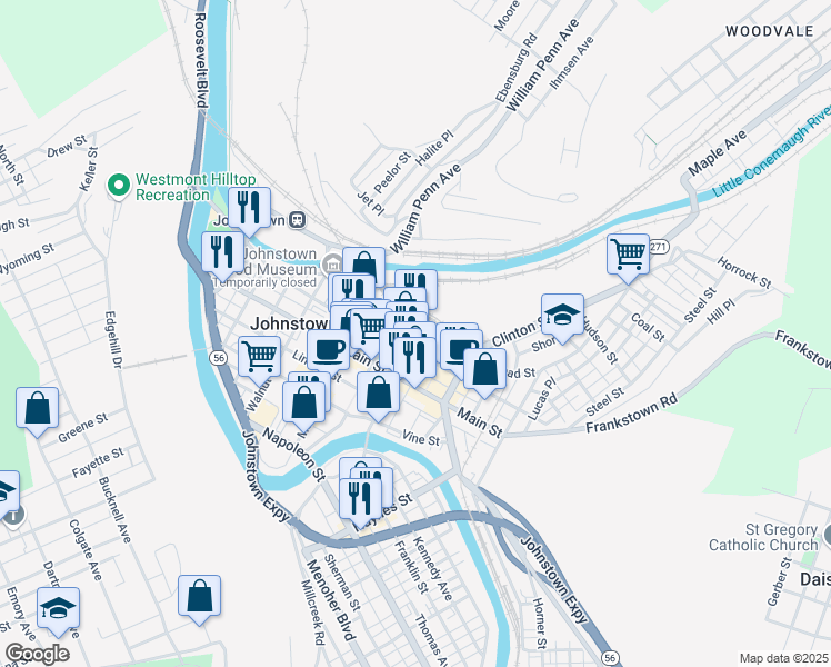 map of restaurants, bars, coffee shops, grocery stores, and more near 104 Franklin Street in Johnstown