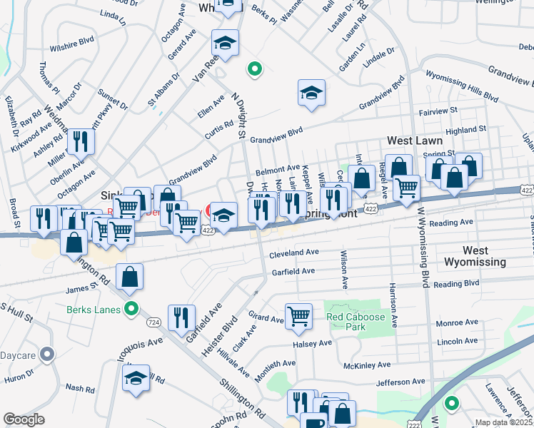 map of restaurants, bars, coffee shops, grocery stores, and more near 14 Howard Street in West Lawn