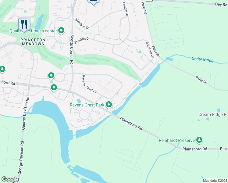 map of restaurants, bars, coffee shops, grocery stores, and more near 4915 Ravens Crest Drive in Princeton Meadows