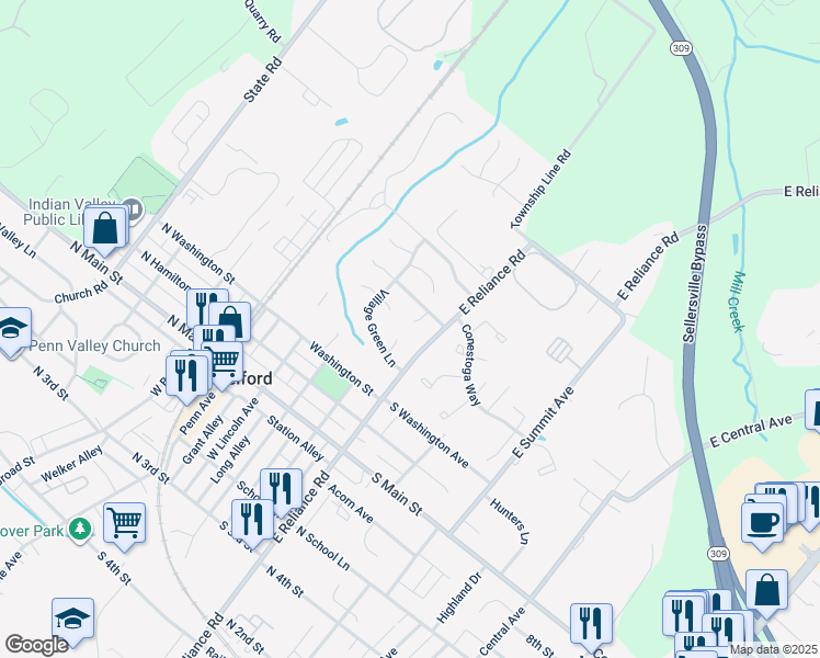 map of restaurants, bars, coffee shops, grocery stores, and more near 54 Hilltop Circle in Telford