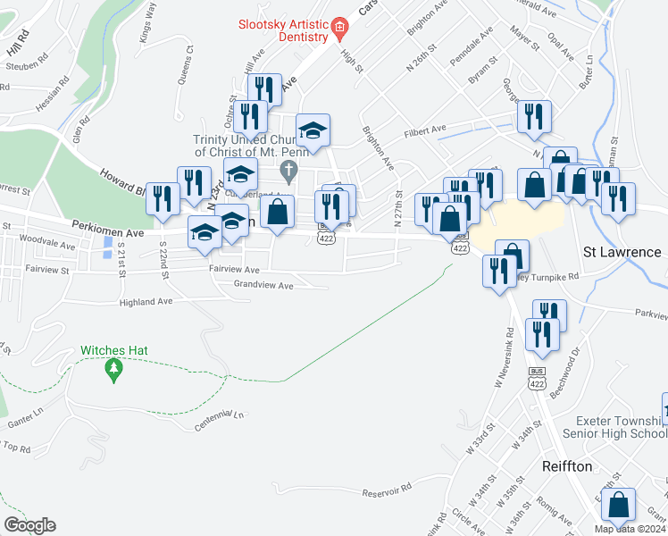 map of restaurants, bars, coffee shops, grocery stores, and more near 2604 Fairview Avenue in Mount Penn
