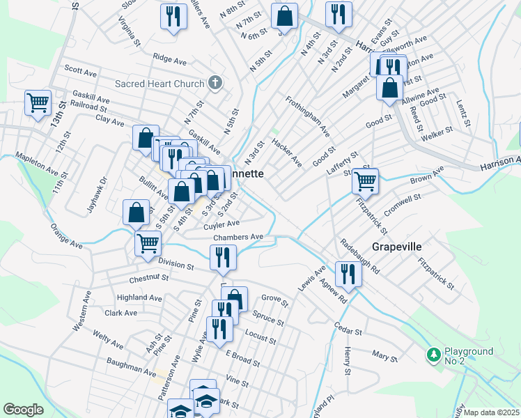 map of restaurants, bars, coffee shops, grocery stores, and more near 2 Cuyler Avenue in Jeannette