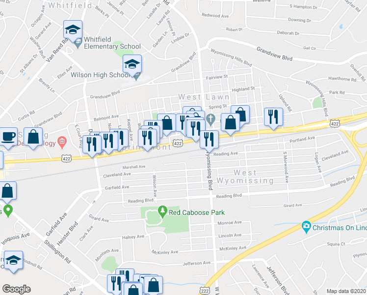 map of restaurants, bars, coffee shops, grocery stores, and more near 2404 Penn Avenue in West Lawn
