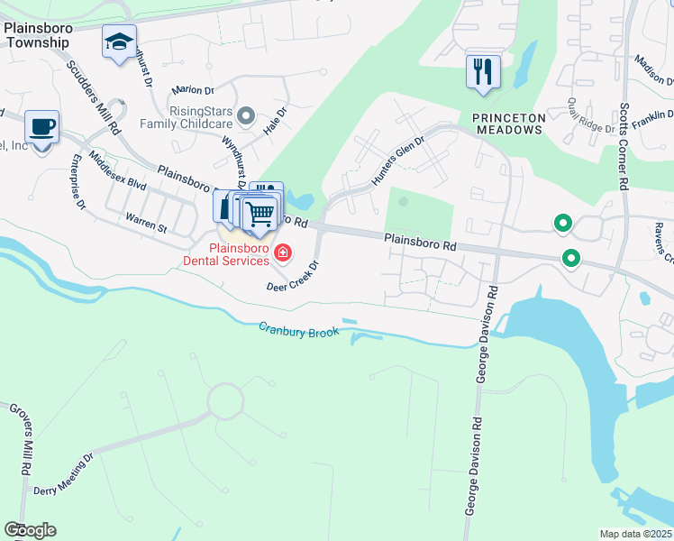 map of restaurants, bars, coffee shops, grocery stores, and more near 305 Deer Creek Drive in Plainsboro Township