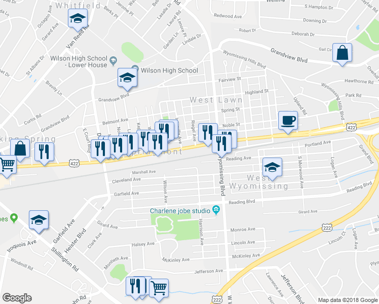 map of restaurants, bars, coffee shops, grocery stores, and more near 2414 Penn Avenue in Reading