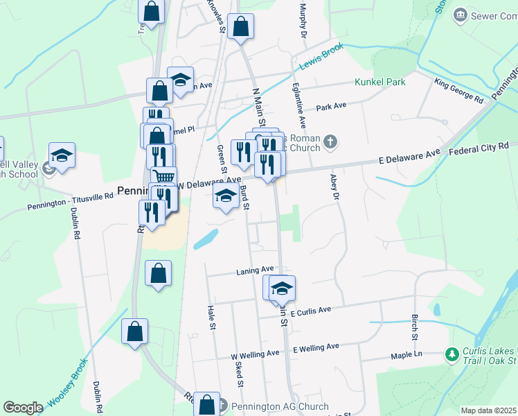 map of restaurants, bars, coffee shops, grocery stores, and more near 60 South Main Street in Pennington