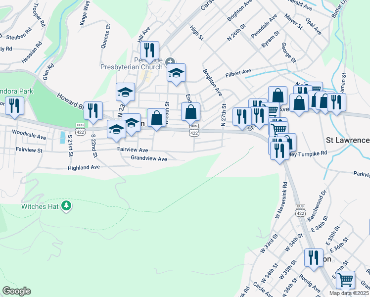 map of restaurants, bars, coffee shops, grocery stores, and more near 2535 Fairview Avenue in Mount Penn