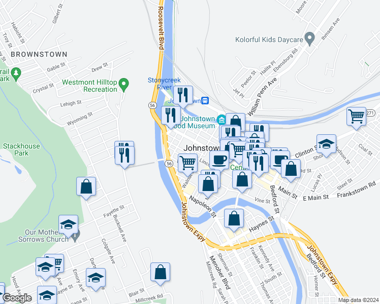 map of restaurants, bars, coffee shops, grocery stores, and more near 231 Lincoln Street in Johnstown
