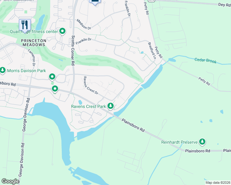 map of restaurants, bars, coffee shops, grocery stores, and more near 4915 Ravens Crest Drive in Princeton Meadows