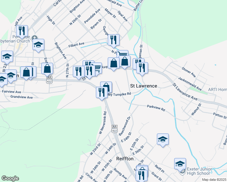 map of restaurants, bars, coffee shops, grocery stores, and more near 2953 Oley Turnpike Road in Reading