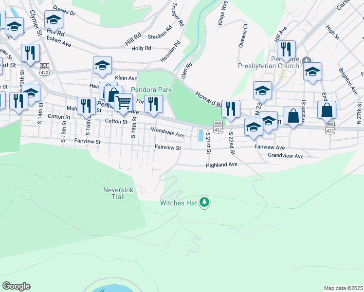 map of restaurants, bars, coffee shops, grocery stores, and more near 1971 Fairview Avenue in Mount Penn