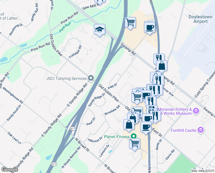 map of restaurants, bars, coffee shops, grocery stores, and more near 5 Park Drive in Doylestown