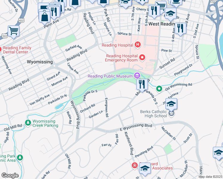map of restaurants, bars, coffee shops, grocery stores, and more near 1236 Parkside Drive South in Reading