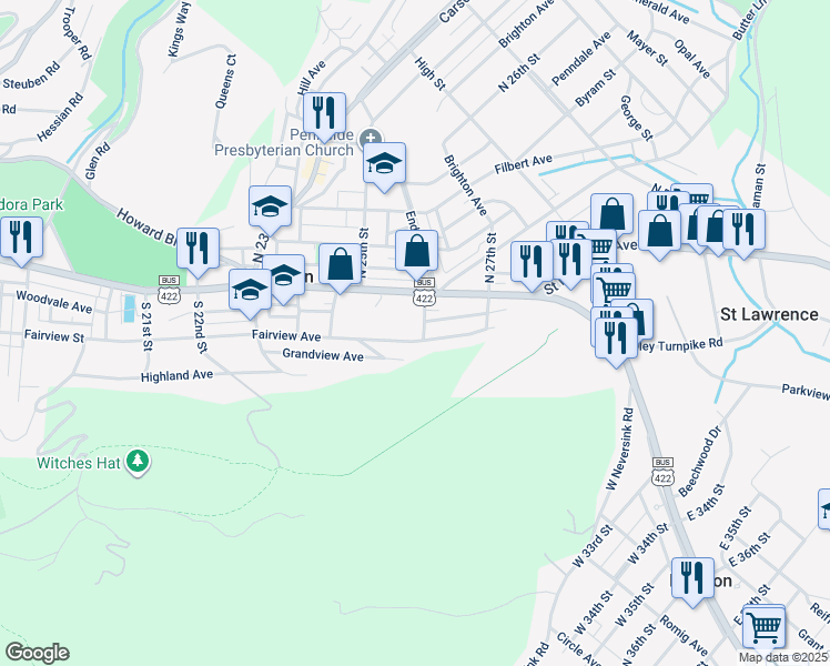 map of restaurants, bars, coffee shops, grocery stores, and more near 2551 Fairview Avenue in Mount Penn