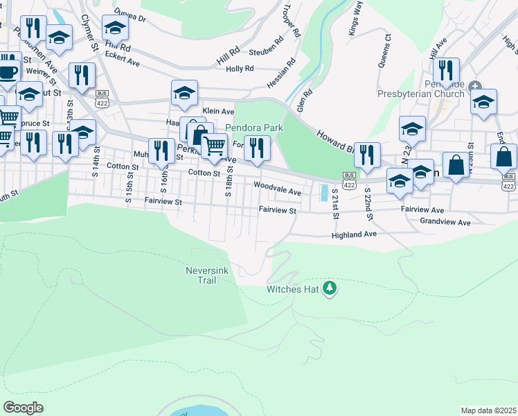 map of restaurants, bars, coffee shops, grocery stores, and more near 601 South 19th Street in Reading