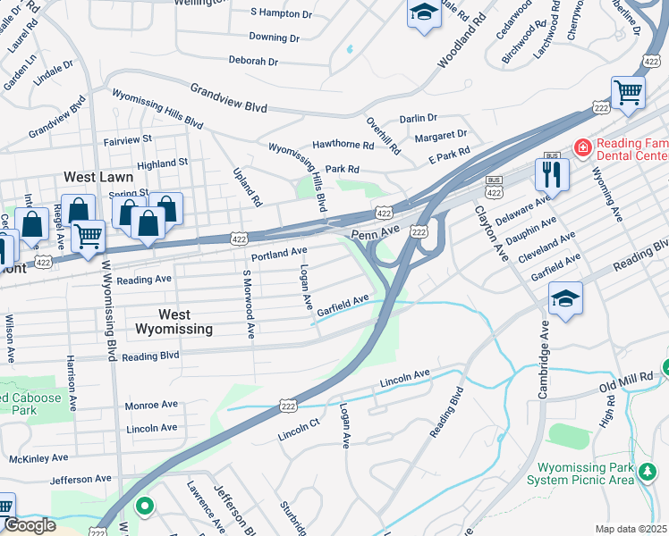 map of restaurants, bars, coffee shops, grocery stores, and more near 1936 Reading Avenue in West Lawn