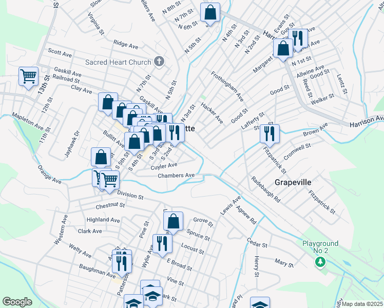 map of restaurants, bars, coffee shops, grocery stores, and more near 2 Cuyler Avenue in Jeannette