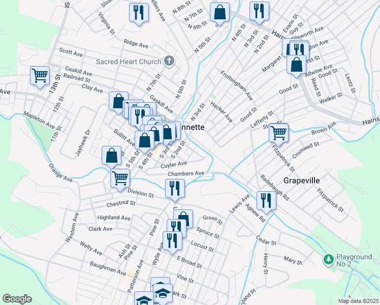 map of restaurants, bars, coffee shops, grocery stores, and more near 101 Clay Avenue in Jeannette