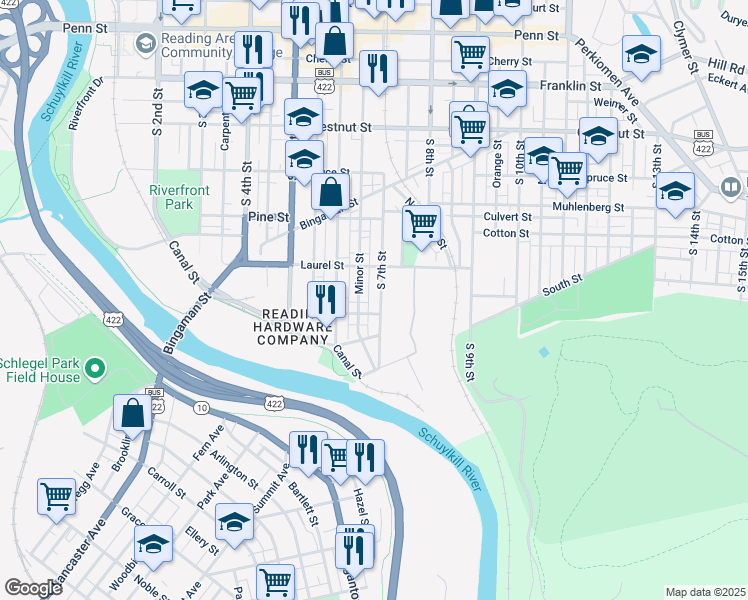 map of restaurants, bars, coffee shops, grocery stores, and more near 720 Laurel Street in Reading