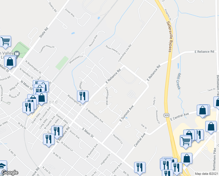 map of restaurants, bars, coffee shops, grocery stores, and more near 55 Reliance Court in Telford