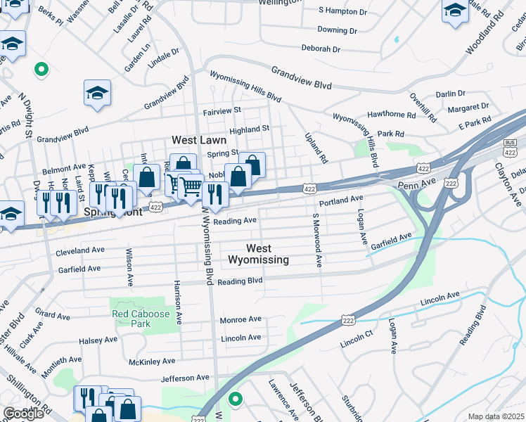 map of restaurants, bars, coffee shops, grocery stores, and more near 2164 Reading Avenue in West Lawn