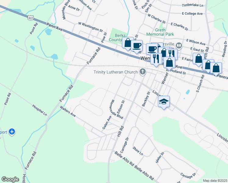 map of restaurants, bars, coffee shops, grocery stores, and more near 334 Wernersville Boulevard in Wernersville
