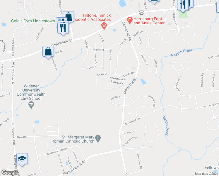 map of restaurants, bars, coffee shops, grocery stores, and more near 3817 South Sarayo Circle in Harrisburg