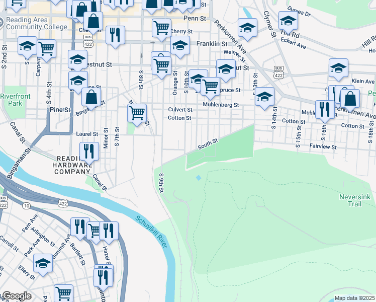 map of restaurants, bars, coffee shops, grocery stores, and more near 639 South 10th Street in Reading