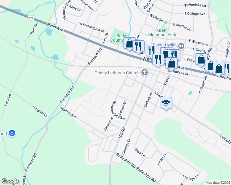 map of restaurants, bars, coffee shops, grocery stores, and more near 334 Wernersville Boulevard in Wernersville