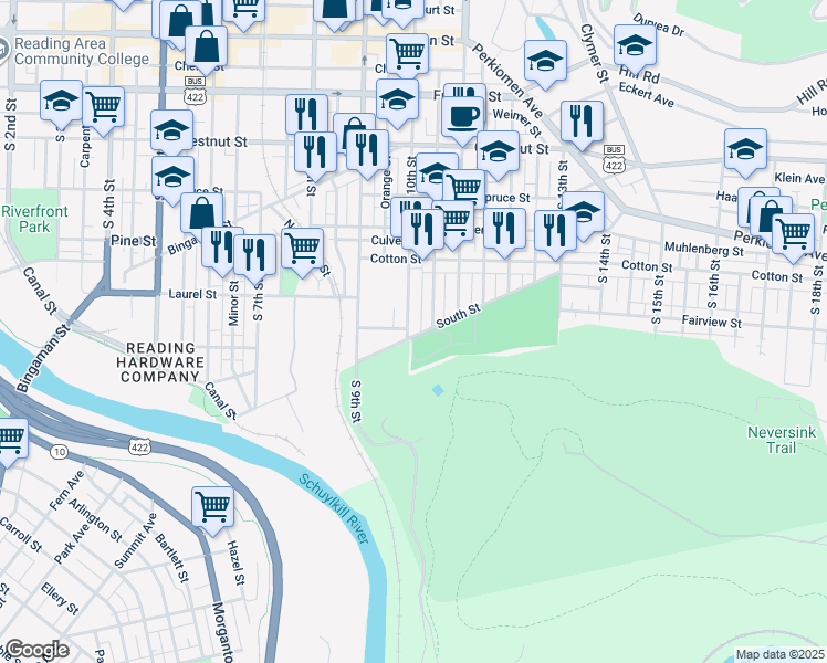 map of restaurants, bars, coffee shops, grocery stores, and more near 639 South 10th Street in Reading