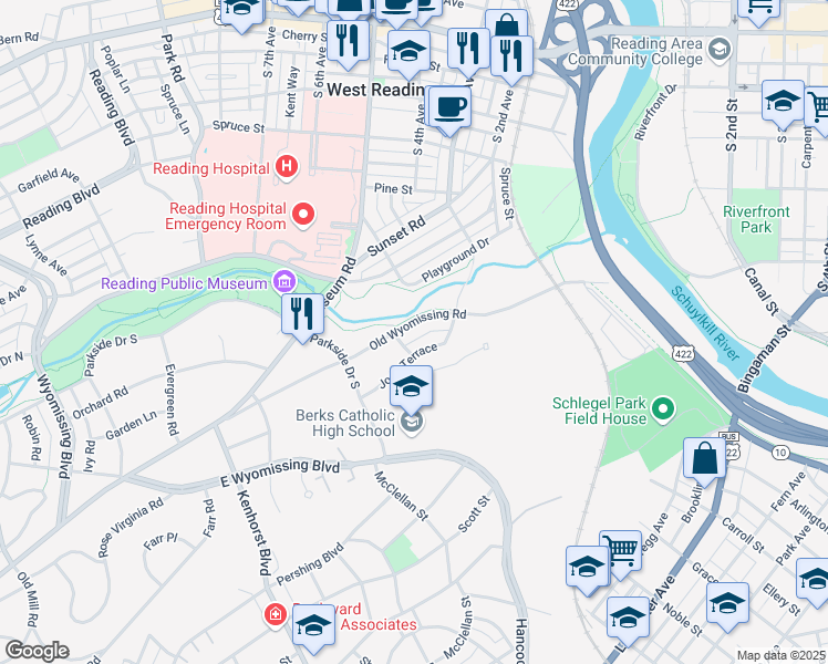 map of restaurants, bars, coffee shops, grocery stores, and more near 820 Old Wyomissing Road in Reading