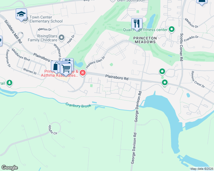 map of restaurants, bars, coffee shops, grocery stores, and more near 163 Thoreau Drive in Plainsboro Township