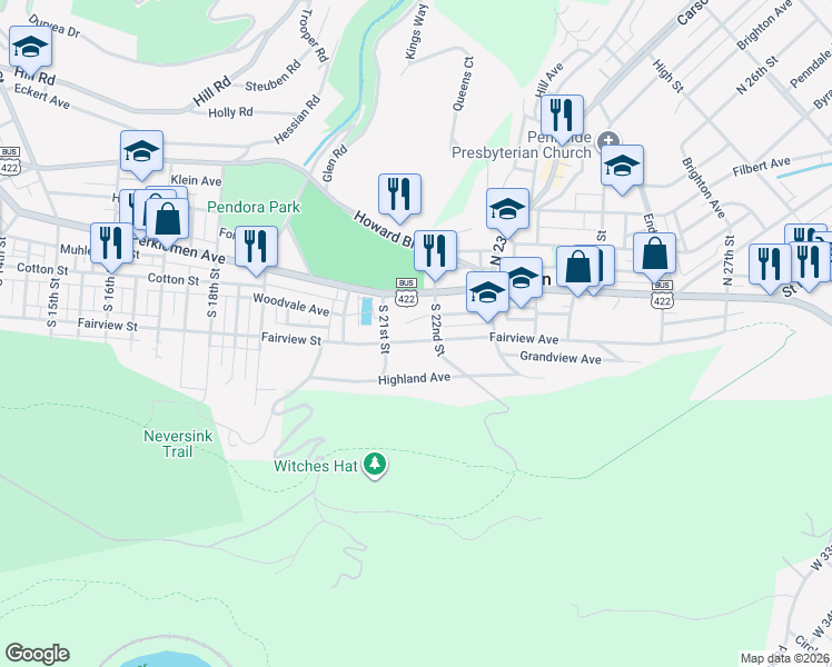 map of restaurants, bars, coffee shops, grocery stores, and more near 2146 Fairview Avenue in Mount Penn