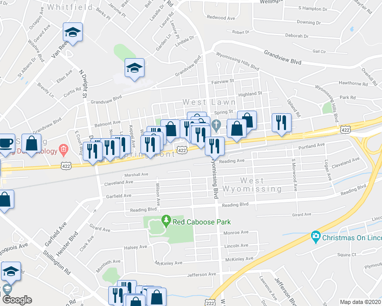 map of restaurants, bars, coffee shops, grocery stores, and more near 2336 Penn Avenue in West Lawn