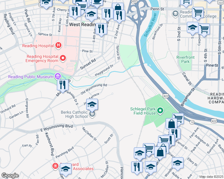 map of restaurants, bars, coffee shops, grocery stores, and more near in West Reading