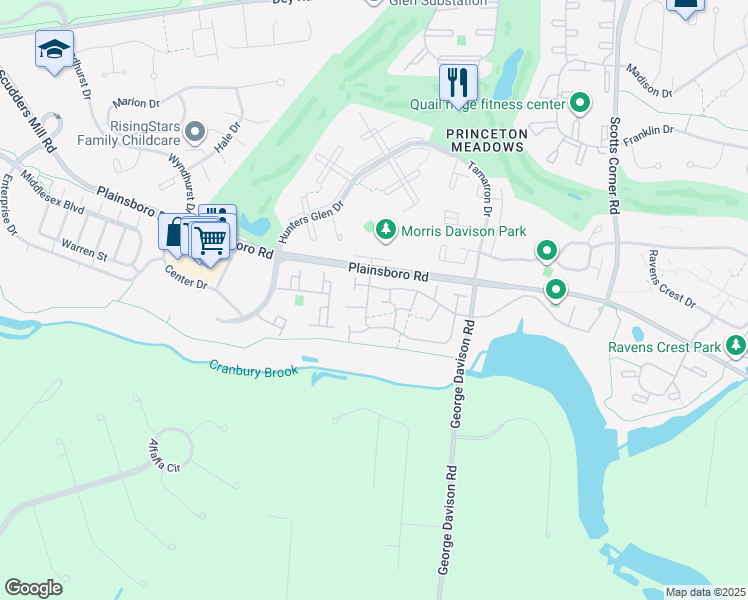 map of restaurants, bars, coffee shops, grocery stores, and more near 80 Thoreau Drive in Plainsboro Township