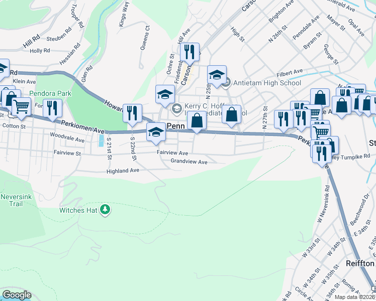 map of restaurants, bars, coffee shops, grocery stores, and more near 2412 Fairview Avenue in Mount Penn