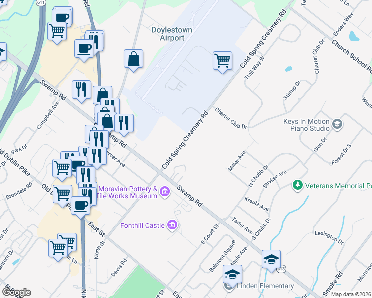 map of restaurants, bars, coffee shops, grocery stores, and more near 3681 Cold Spring Creamery Road in Doylestown