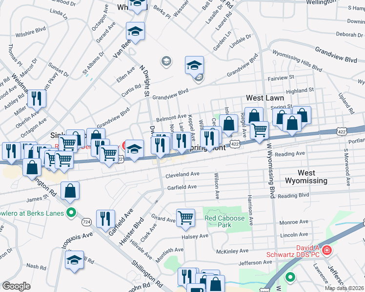 map of restaurants, bars, coffee shops, grocery stores, and more near 2738 Penn Avenue in West Lawn