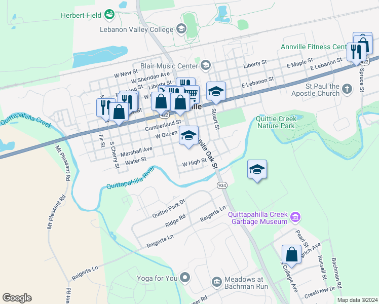 map of restaurants, bars, coffee shops, grocery stores, and more near 205 South White Oak Street in Annville