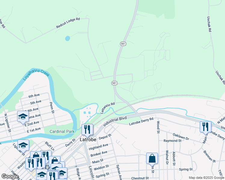 map of restaurants, bars, coffee shops, grocery stores, and more near 866 Lattanzio Road in Latrobe