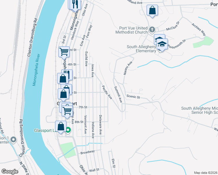 map of restaurants, bars, coffee shops, grocery stores, and more near 608 Juniata Street in Glassport