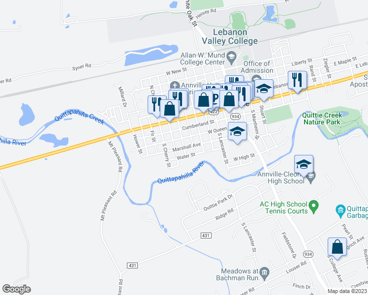 map of restaurants, bars, coffee shops, grocery stores, and more near Marshall Ave in Annville