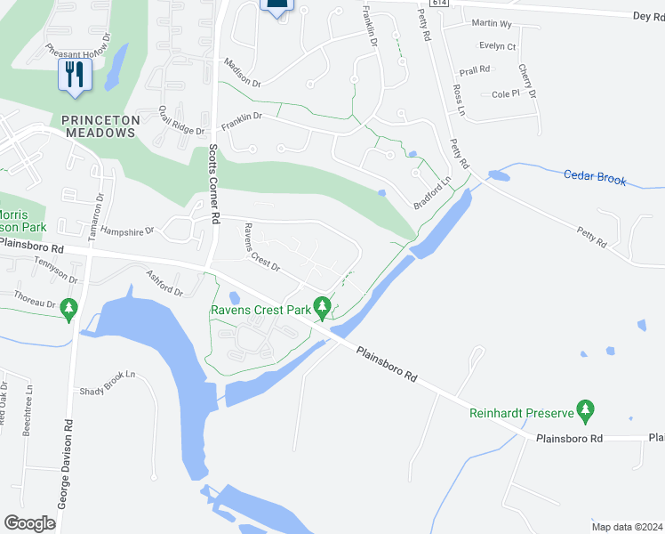 map of restaurants, bars, coffee shops, grocery stores, and more near 4915 Ravens Crest Drive in Princeton Meadows