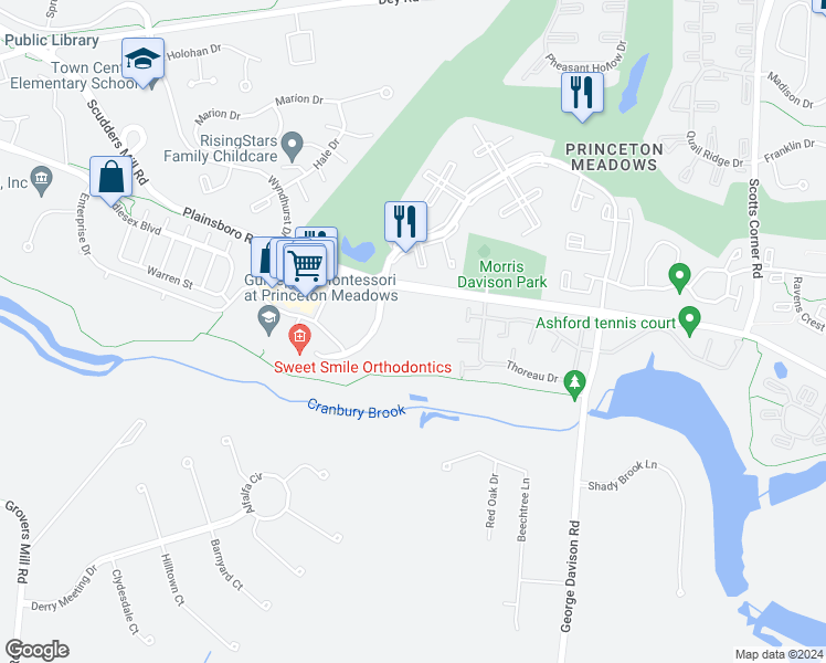 map of restaurants, bars, coffee shops, grocery stores, and more near 1314 Deer Creek Drive in Princeton Meadows