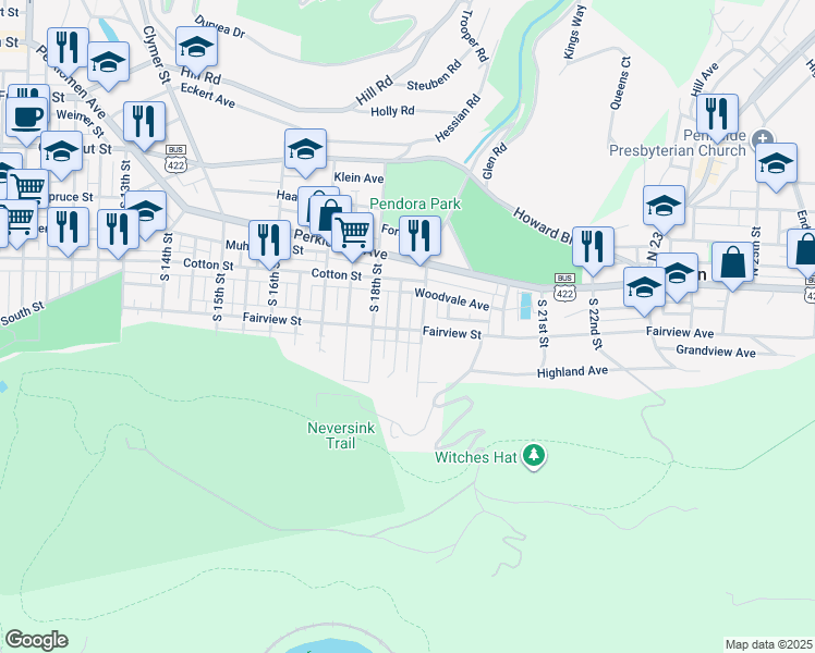 map of restaurants, bars, coffee shops, grocery stores, and more near 625 South 18 1/2 Street in Reading