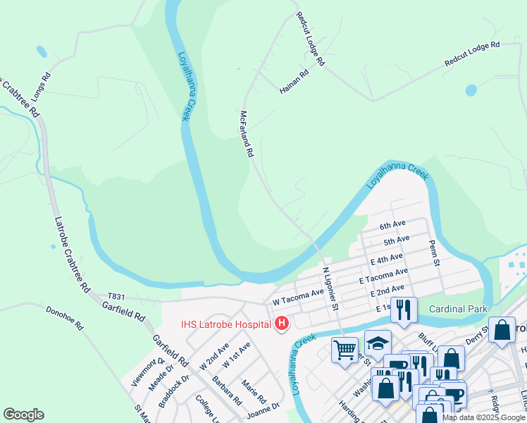 map of restaurants, bars, coffee shops, grocery stores, and more near 535 McFarland Road in Latrobe