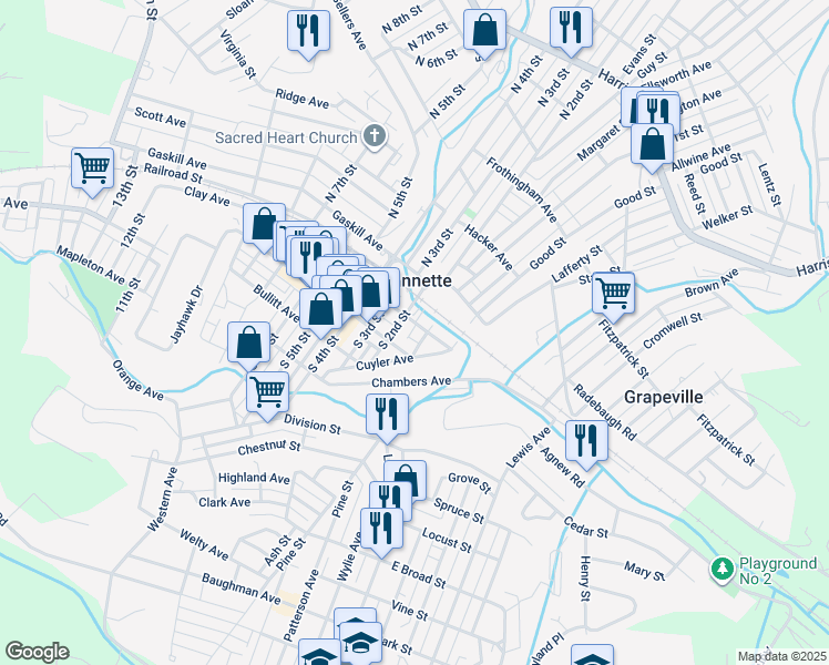 map of restaurants, bars, coffee shops, grocery stores, and more near 101 Clay Avenue in Jeannette