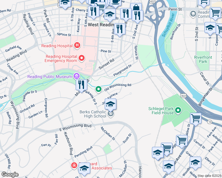 map of restaurants, bars, coffee shops, grocery stores, and more near 820 Old Wyomissing Road in Reading